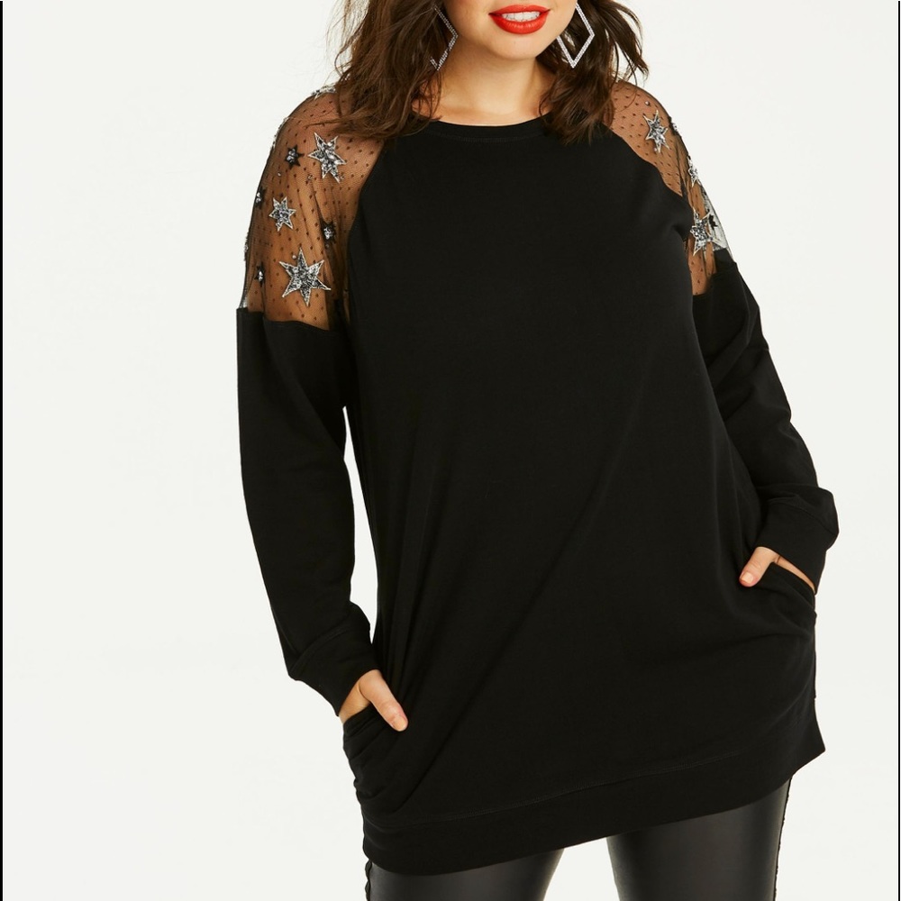 Mesh cold shoulder sweat shirt with pockets